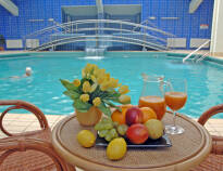 The hotel's wellness area features an indoor swimming pool with heated seawater, saunas and a fitness centre.