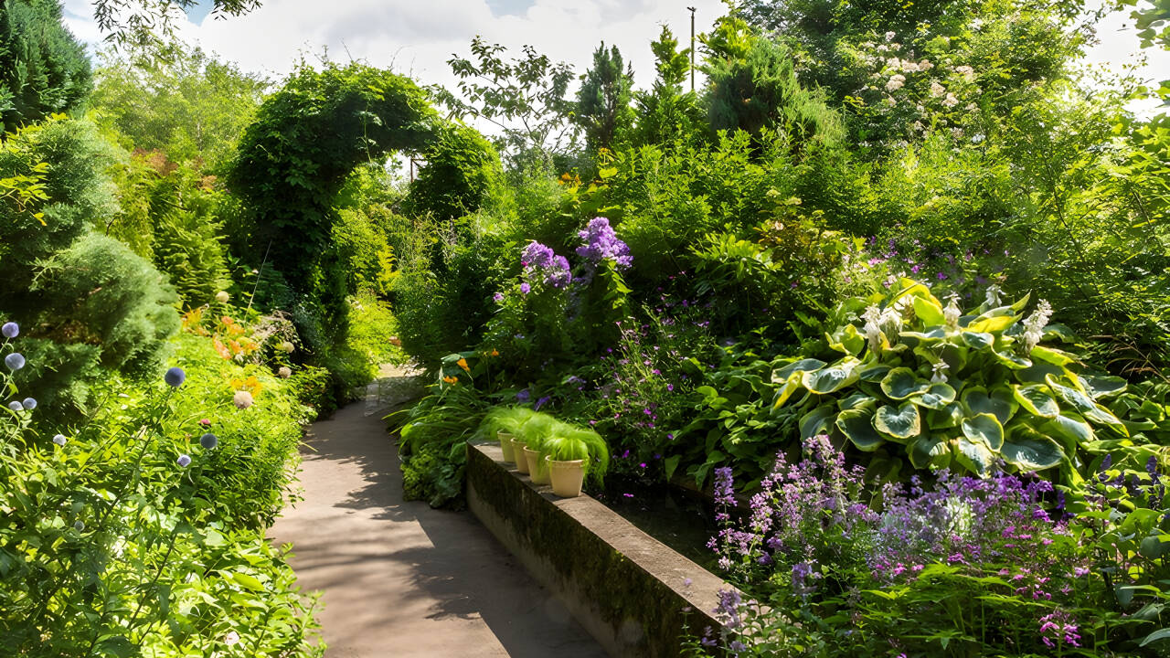 Opplev Anne Justs hage med et antall vakre blomster, planter, trær og busker.