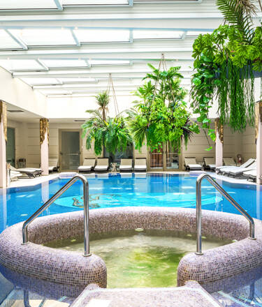 Unwind in a 1,800 m² wellness area featuring thermal and saltwater pools, a whirlpool and relaxation spaces.