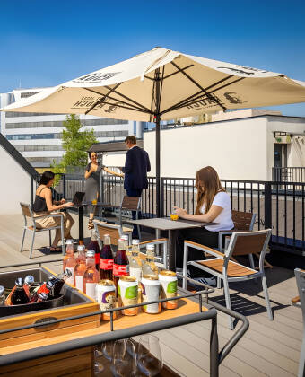 Take in sweeping city views from the rooftop terrace Skyward.