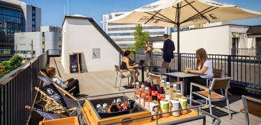 Take in sweeping city views from the rooftop terrace Skyward.
