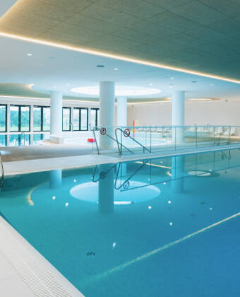 The indoor pool area is bright, modern and inviting—great for a swim no matter the weather.