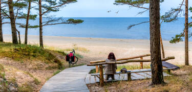 Gå fredelige turer langs kysten gjennom furuskogene, med stier som leder deg rett til sandstranden.