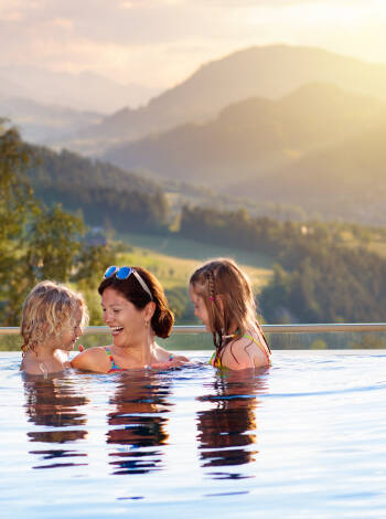 Only a few minutes from the hotel, the Tauern Spa in Kaprun lets you drift between steaming pools while the Alps rise all around you.