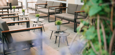 The hotel’s terrace is a pleasant spot to unwind or enjoy your breakfast.
