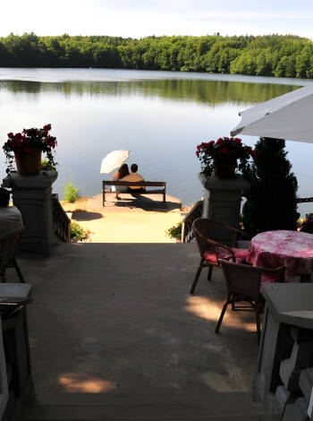 The hotel's lakeside terrace is a great place to relax.