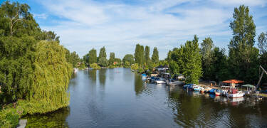 Spazieren Sie an der Bille in Hamburg entlang und genießen Sie die ruhige Uferlandschaft.