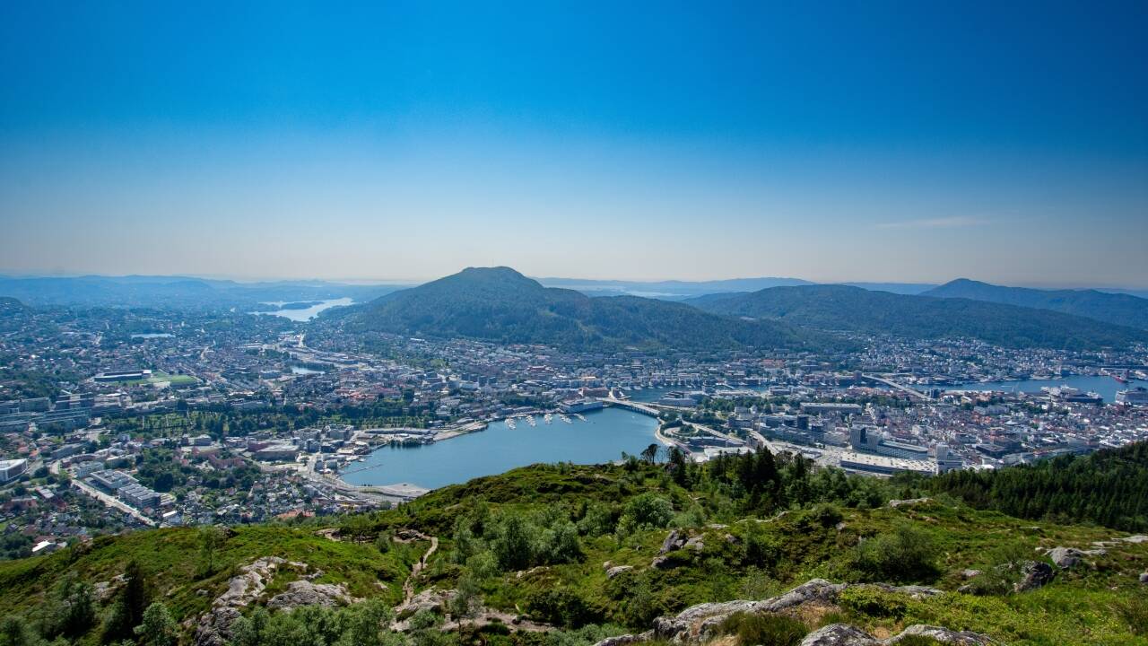 The Fløibanen funicular takes you from central Bergen up Mount Fløyen in a few minutes, with sweeping city views and walking trails waiting at the top.