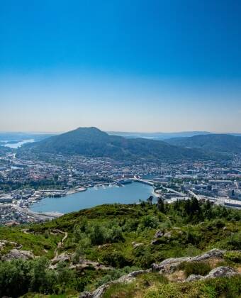 The Fløibanen funicular takes you from central Bergen up Mount Fløyen in a few minutes, with sweeping city views and walking trails waiting at the top.