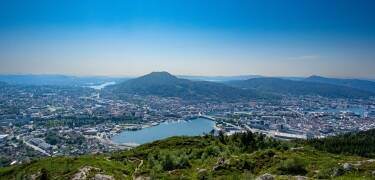 The Fløibanen funicular takes you from central Bergen up Mount Fløyen in a few minutes, with sweeping city views and walking trails waiting at the top.