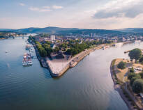 Koblenz is located at the confluence of the Rhine and Moselle rivers at Deutsches Eck.