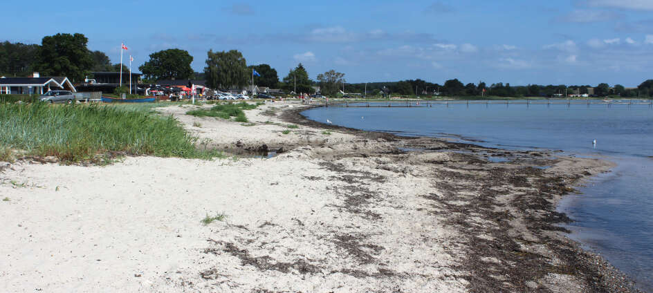 Få sand mellom tærne på Bjert Strand, som ligger i skjønne omgivelser. Stranden er dessuten barnevennlig med grunt vann og sandbunn/steinbunn.