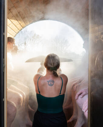 Unwind in the unique barrel sauna for a soothing wellness experience.