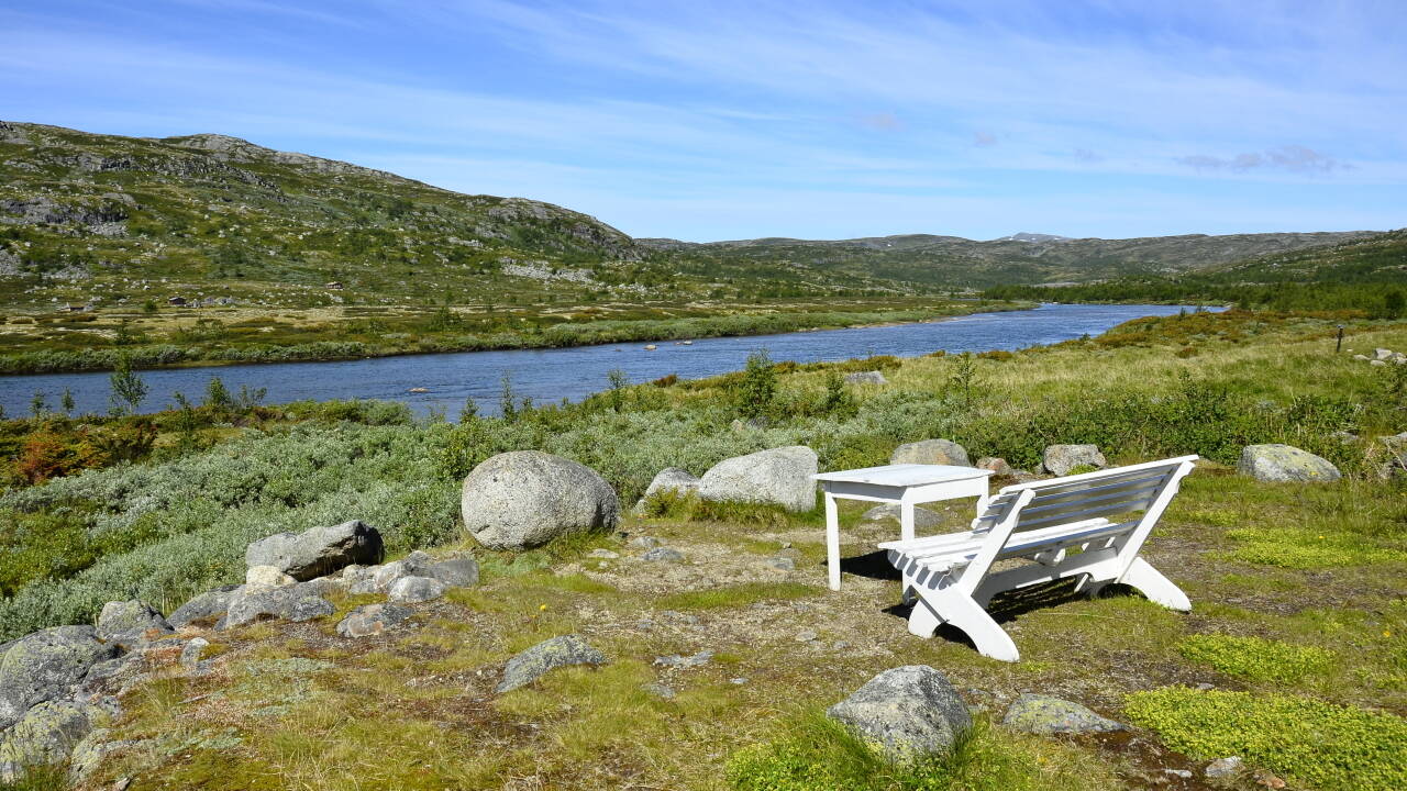 Panoramautsikt over Hardangervidda og dalen med Holmevannet.