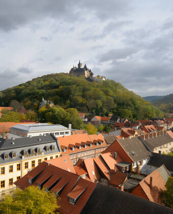 Den farverige by Wernigerode med slottet tronende øverst ligner et eventyr.