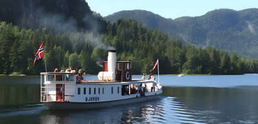 Ta en tur med Bjoren på Byglandsfjorden. Båten er bygd i 1866 ved Akers Mekaniske Verksted.