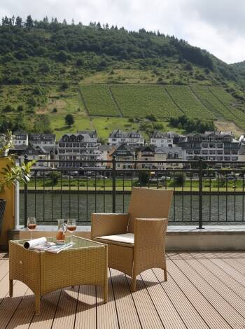 From the hotel you have a beautiful view of the river, the promenade and the surrounding vineyards.