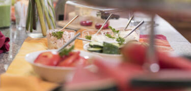 The large buffet breakfast offers delicacies for everyone to start the day.