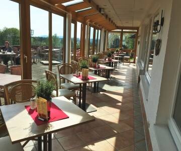 Hotellets hyggelige restaurant tilbyr et bredt utvalg av deilig mat og unik panoramautsikt over Harz-fjellene.
