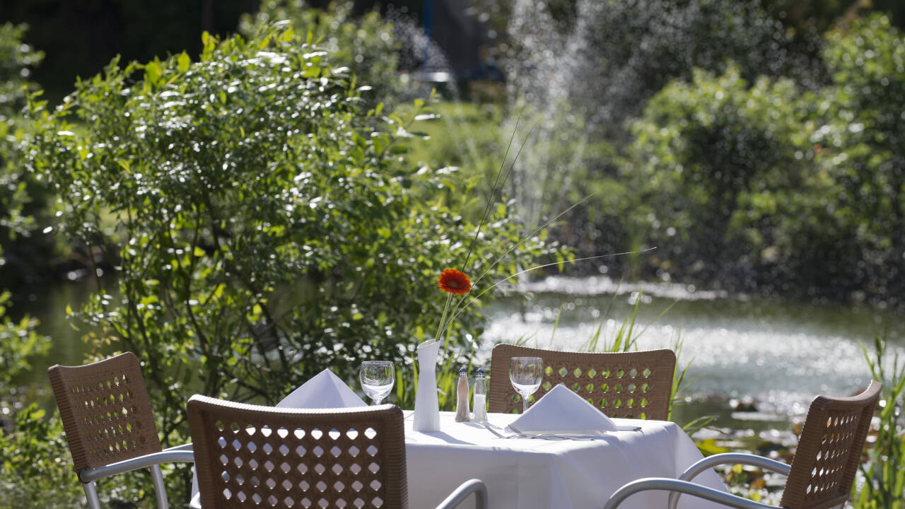 Im Sommer können Sie draußen im schönen Garten essen oder eine Tasse Kaffee genießen.
