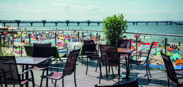 Spis på terrassen med havudsigt om sommeren i den berømte restaurant, der tilbyder friske, lokale retter.