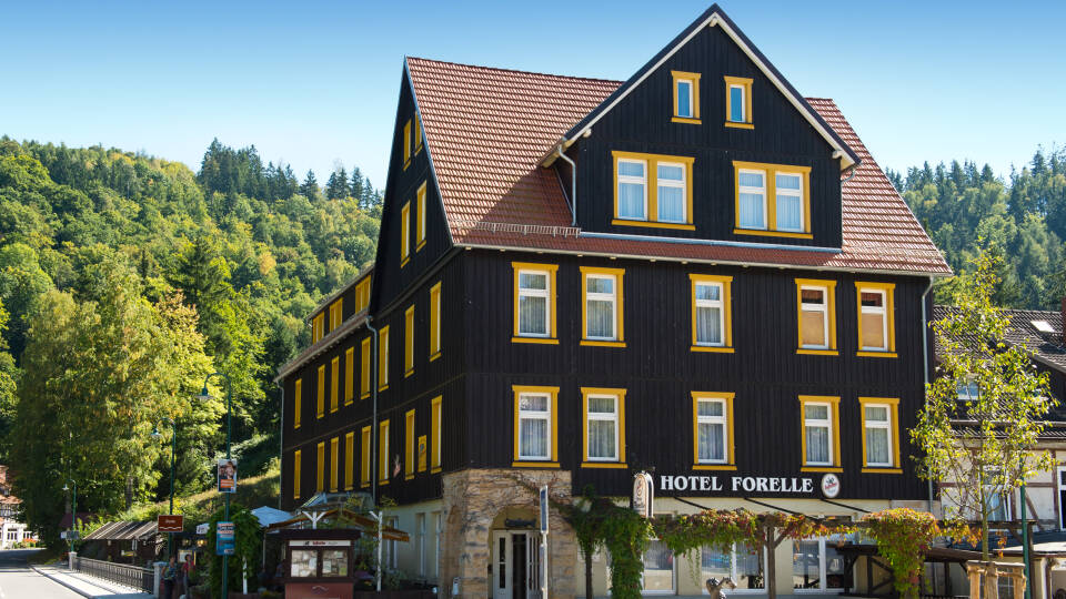 Das Hotel Forelle ist ruhig direkt am Fluss Bode gelegen.