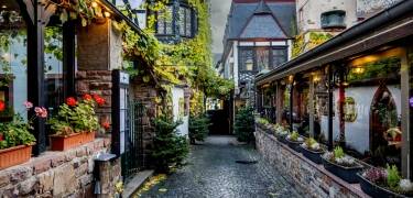 Die berühmte Drosselgasse ist nur wenige Schritte entfernt – hier erwarten Sie lebhafte Weinstuben, Musik und fröhliche Stimmung.