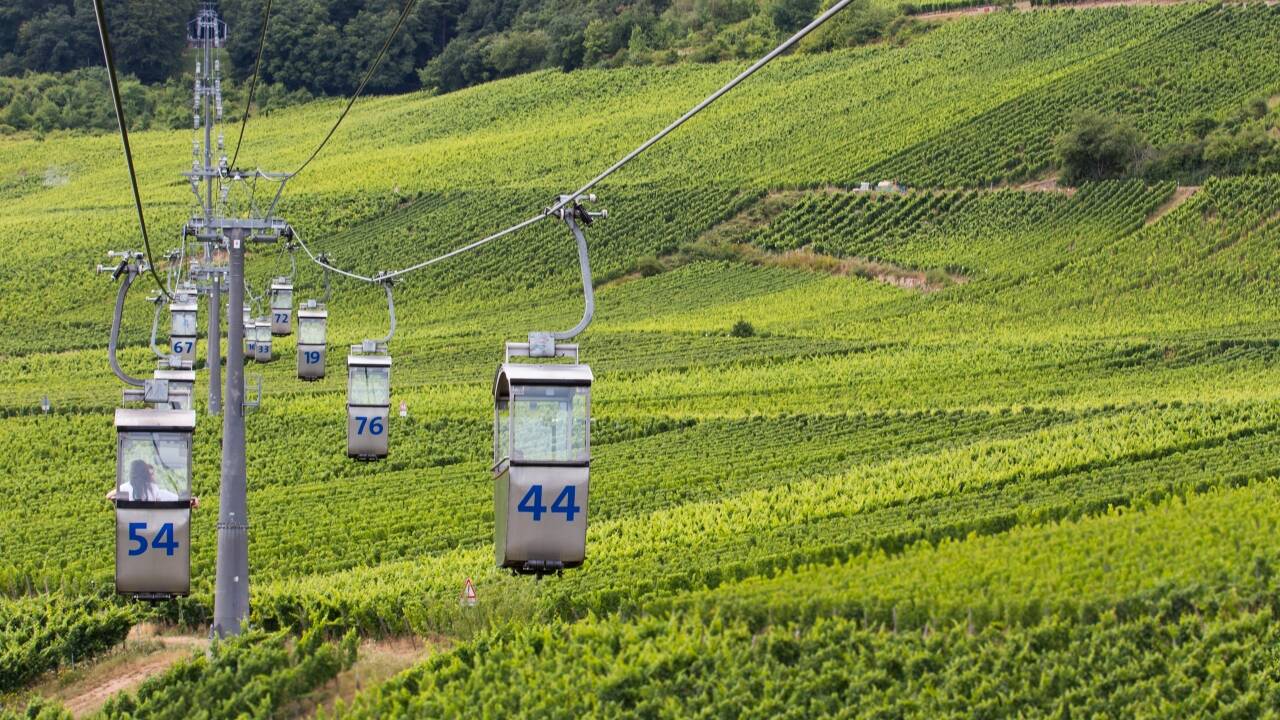 Den nærliggende svævebane tager dig op over vinmarkerne til Niederwald-monumentet.