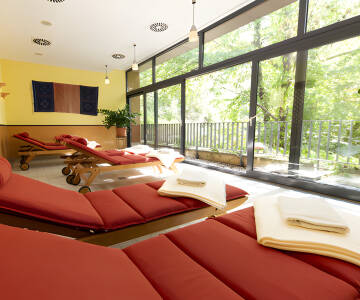 Hotellets wellnessområde har bastu med utsikt mot den vackra parken