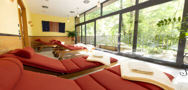 Ringhotel Villa Westerberge har et lite spa med badstue og lounge med utsikt til det vakre parkanlegget rundt hotellet.