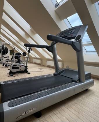 The fitness room offers wonderful views of the city.