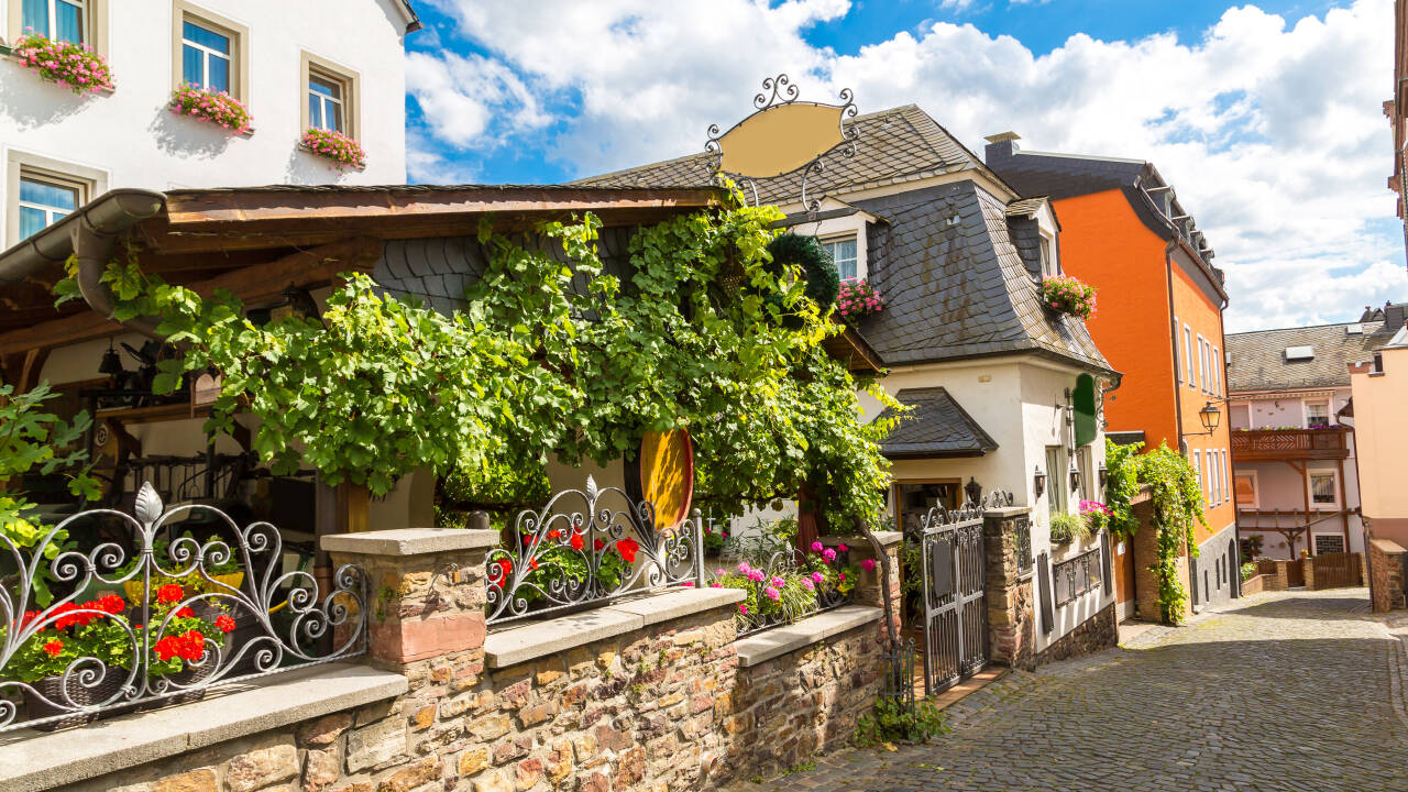 Besøg den charmerende vinby, Rüdesheim am Rhein, som huser den populære gågade, Drosselgasse.