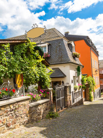 Besuchen Sie die charmante Weinstadt Rüdesheim am Rhein, in der sich die beliebte Fußgängerzone Drosselgasse befindet.