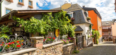 Besuchen Sie die charmante Weinstadt Rüdesheim am Rhein, in der sich die beliebte Fußgängerzone Drosselgasse befindet.