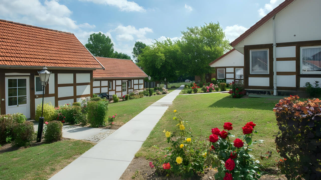 Buchen Sie einen entspannten Aufenthalt in einem charmanten Feriendorf mit Gebäuden im traditionellen Stil und grünen Rasenflächen.