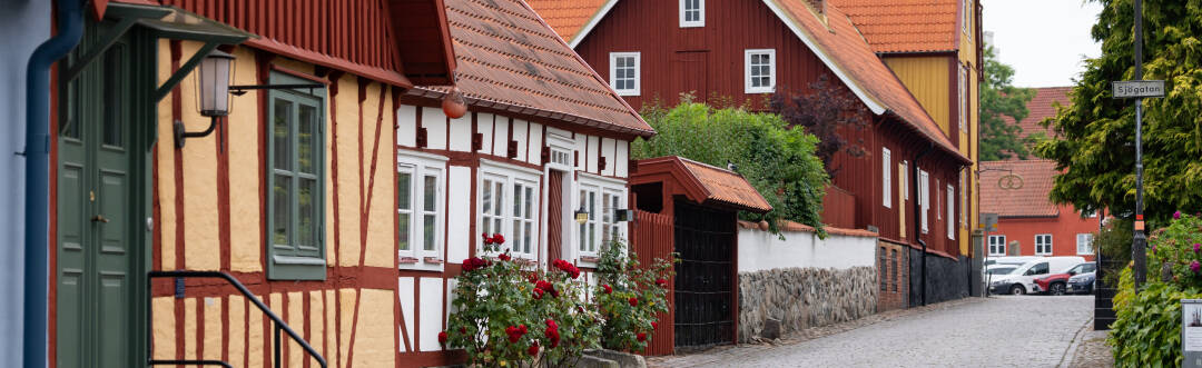 Spaser gjennom Åhus gamleby, fylt med historiske bygninger, kafeer og butikker.