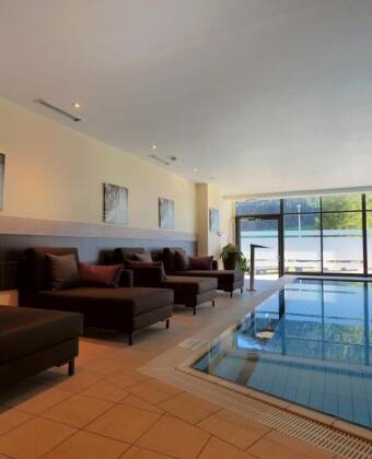 The 400m² wellness oasis features an indoor pool, sauna and steam bath.